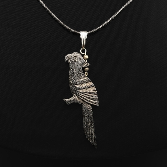 BLACK Wooden Carved Bird Pendant with Beaded Accents on Black Cord Necklace - Picture 2 of 5